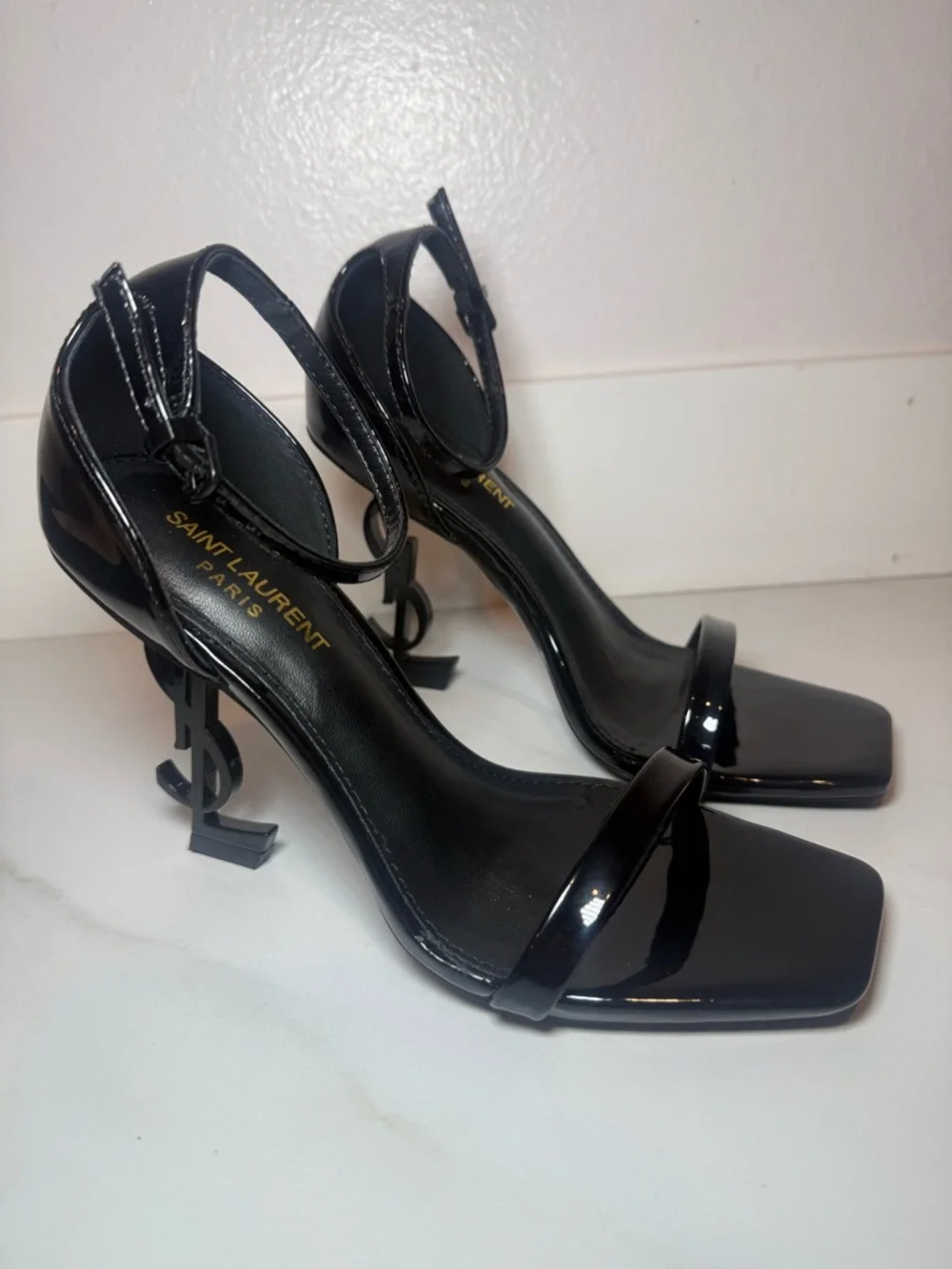 Saint Laurent Black Patent Logo-Heel Ankle-Strap Sandals - Picture 8 of 8